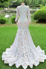 White V-neck Long sleeves Mermaid Sparkle Sequin Prom Dresses-Ballbella