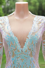 White V-neck Long sleeves Mermaid Sparkle Sequin Prom Dresses-Ballbella