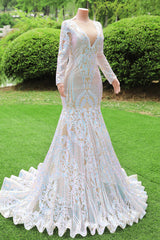 White V-neck Long sleeves Mermaid Sparkle Sequin Prom Dresses-Ballbella