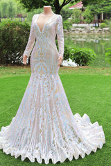 White V-neck Long sleeves Mermaid Sparkle Sequin Prom Dresses-Ballbella