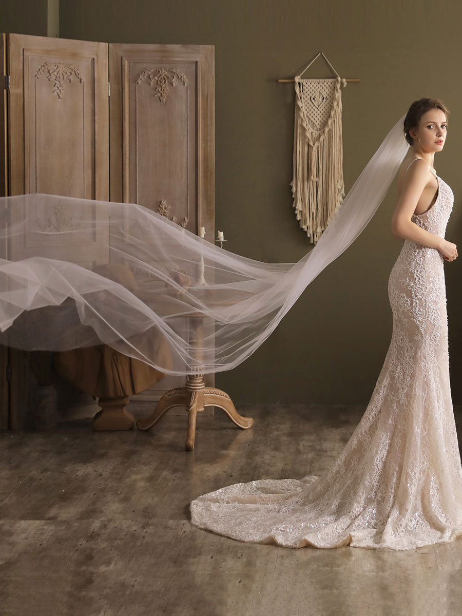 White Waterfall Wedding Veils One-Tier Tulle Bridal Veil White Waterfall Wedding Veils One-Tier Tulle Bridal Veil