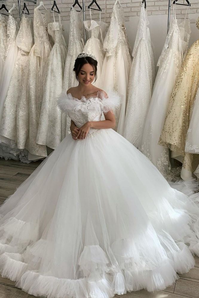 White/Ivory Off the Shoulder Puffy Tulle Lace Ball Gown Princess Bridal Gown Ballbella White/Ivory Off the Shoulder Puffy Tulle Lace Ball Gown Princess Bridal Gown Ballbella