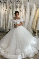White/Ivory Off the Shoulder Puffy Tulle Lace Ball Gown Princess Bridal Gown-Ballbella