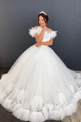 White/Ivory Off the Shoulder Puffy Tulle Lace Ball Gown Princess Bridal Gown-Ballbella