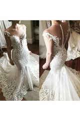 Wholesale Lace Fit and Flare Wedding Dress Glamorous Sheer Tulle Bridal Gowns with Buttons-Ballbella