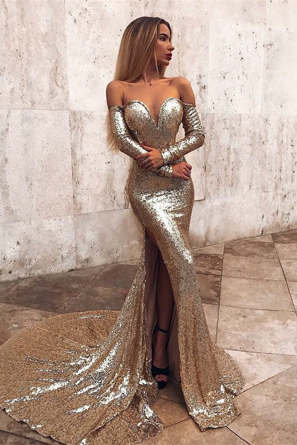 Wholesale Off-the-Shoulder Champagne Sequins Prom Dresses Elegant Long Sleeves Side Slit Evening Gowns Wholesale Off-the-Shoulder Champagne Sequins Prom Dresses Elegant Long Sleeves Side Slit Evening Gowns