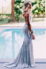 Wholesale Open Back Silver Sequins Evening Dress Fit and Flare Spaghetti Straps Fomral Dressn-Ballbella