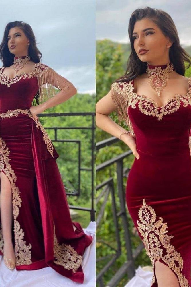 Wine red evening dresses long Yellow Floral Appliques Velvet evening wear On Sale Wine red evening dresses long Yellow Floral Appliques Velvet evening wear On Sale