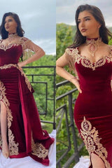 Wine red evening dresses long Yellow Floral Appliques Velvet evening wear On Sale-Ballbella