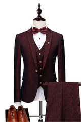 Wine Ruby Notched Laple Prom Suits for Men Bespoke Three Pieces Jacquard Tuxedo-Ballbella