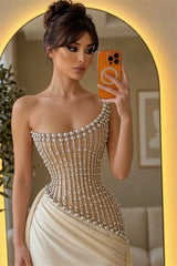 Charming Strapless Sleeveless Mermaid Satin Prom Dresses Column With Pleats Pearls