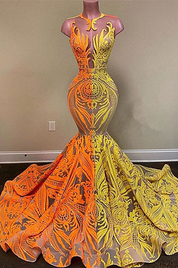 Yellow and Orange Mermaid Prom Dress Lace Long On Sale – Ballbella