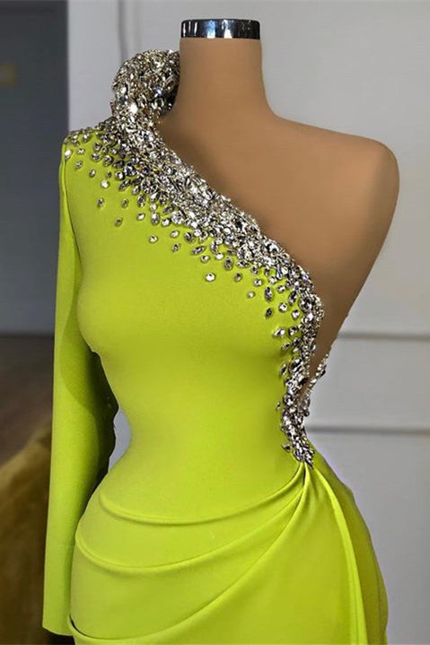 Yellow Green Long Sleeves One Shoulder Prom Dress Mermaid With Beads Yellow Green Long Sleeves One Shoulder Prom Dress Mermaid With Beads