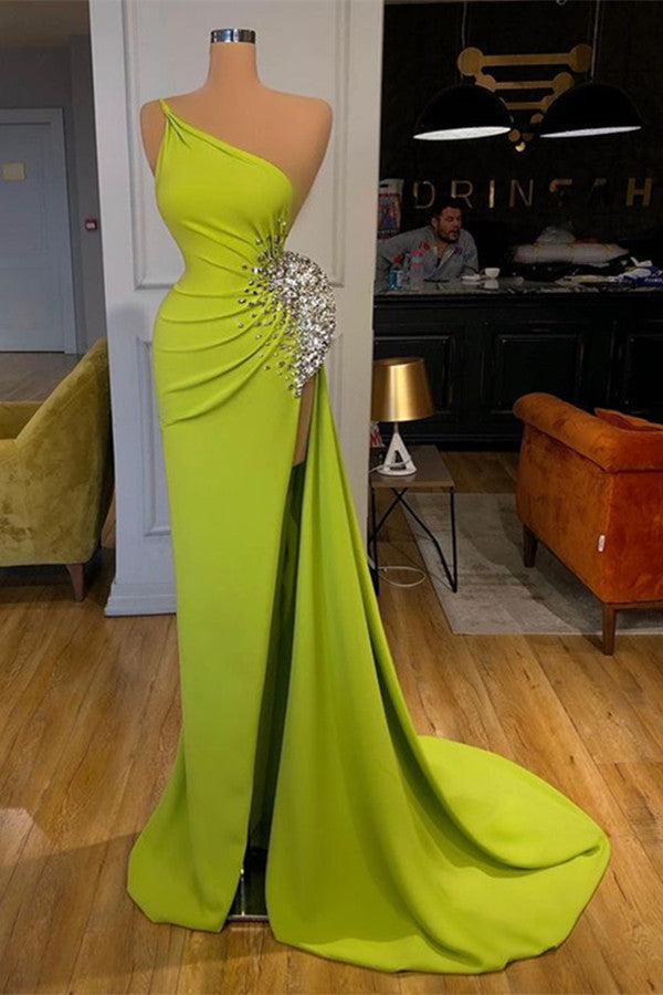 Yellow Green One Shoulder Mermaid Prom Dress Long Split With Beads Yellow Green One Shoulder Mermaid Prom Dress Long Split With Beads
