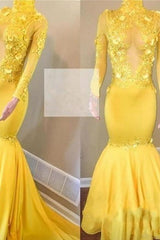 Yellow High Neck Flower Appliques Mermaid Long Sleevess Prom Dresses-Ballbella