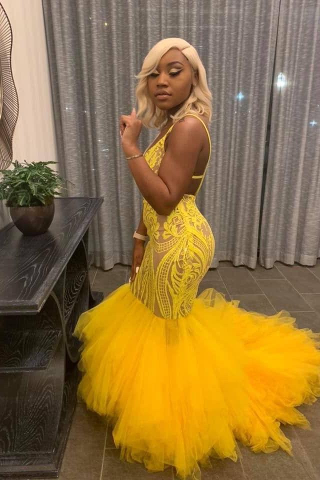 poofy prom dress Yellow Mermaid Lace Puffy Tulle Open back Long Prom Party Gowns