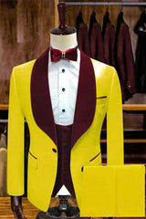 Yellow One Button Wedding Groom Suits with Velvet Lapel-Ballbella