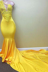 Yellow one shoulder mermaid prom dress, lace evening dresses-Ballbella