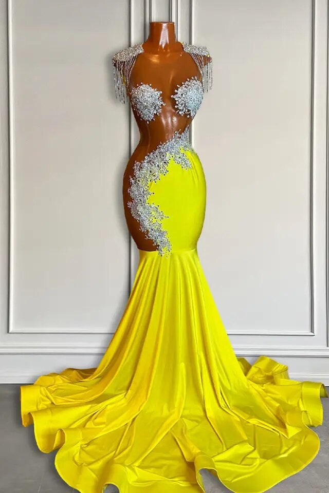 Yellow Scoop Prom Dress with Beadings and Tassels - Mermaid Long Yellow Scoop Prom Dress with Beadings and Tassels - Mermaid Long