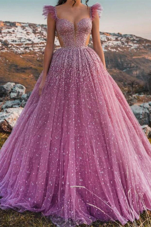 Glamorous Cap Sleeves Ball Gown Evening Dress Tulle With Appliques-Ballbella