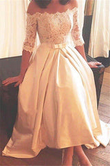 1/2 Sleeves Lace A Line Asymmetrical Sweep Train Satin Off the Shoulder Wedding Dresses-Ballbella