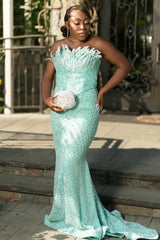 Glamorous Mint Strapless Sleeveless Mermaid Prom Dresses Column Long With Gem
