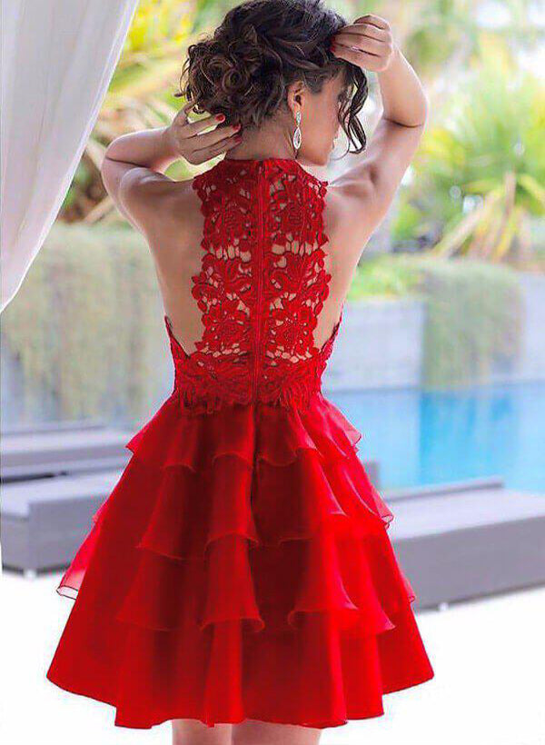 A-Line/Princess Scoop Neck sleeveless  Short/Mini Chiffon Homecoming Dresses With Lace