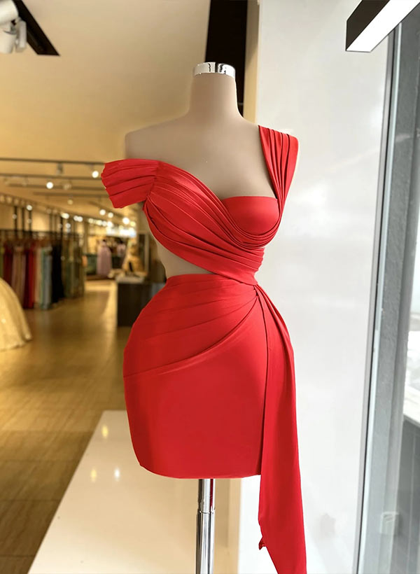 Sheath Off-The-Shoulder Sleeveless Short/Mini Charmeuse Homecoming Dresses With Cascading Ruffles