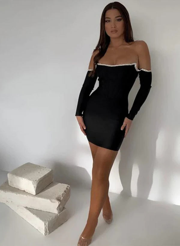 Sheath Off-The-Shoulder Long Sleeves Short Elastic Satin Homecoming Dresses With Rhinestone