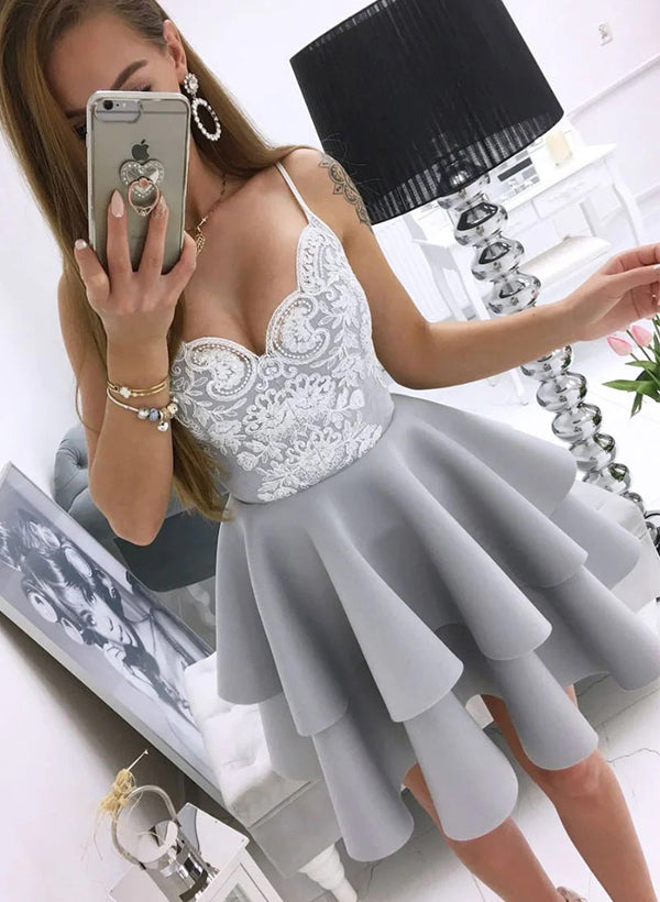 A-Line Short Lace/Elastic Satin Homecoming Dresses With Cascading Ruffles