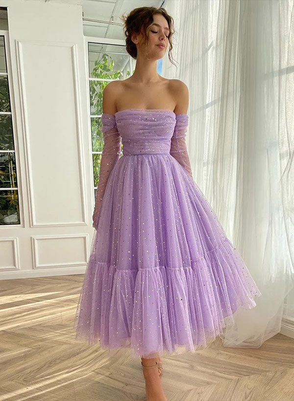 A-Line Strapless Sleeveless Tea-Length Tulle Homecoming Dresses