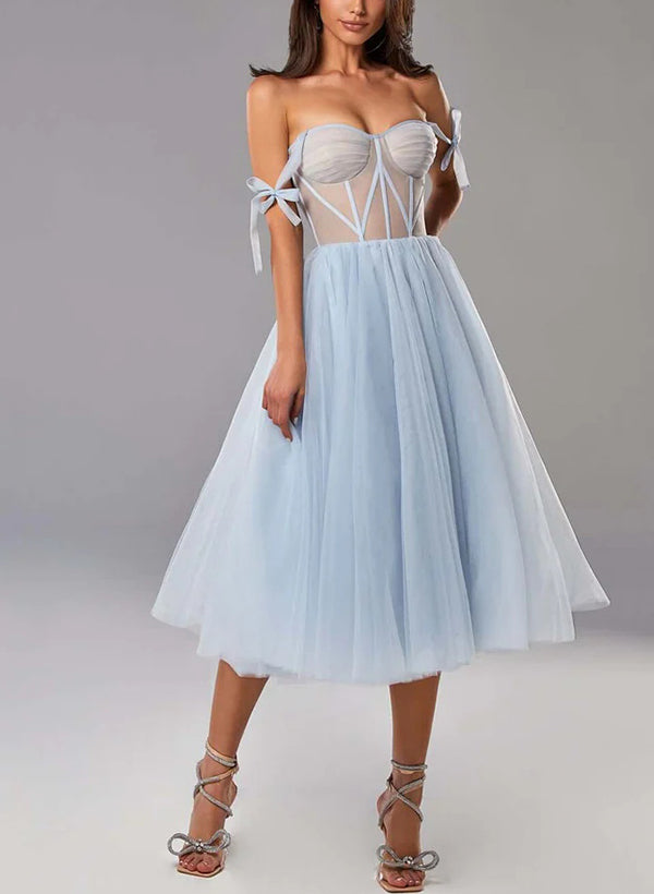 A-Line Sweetheart Sleeveless Tea-Length Tulle Homecoming Dresses