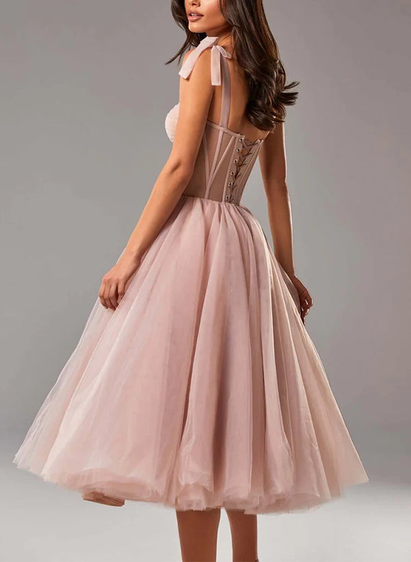 A-Line Sweetheart Sleeveless Tea-Length Tulle Homecoming Dresses