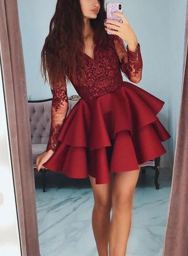 A-Line V-Neck Long Sleeves Short/Mini Lace/Satin Homecoming Dresses