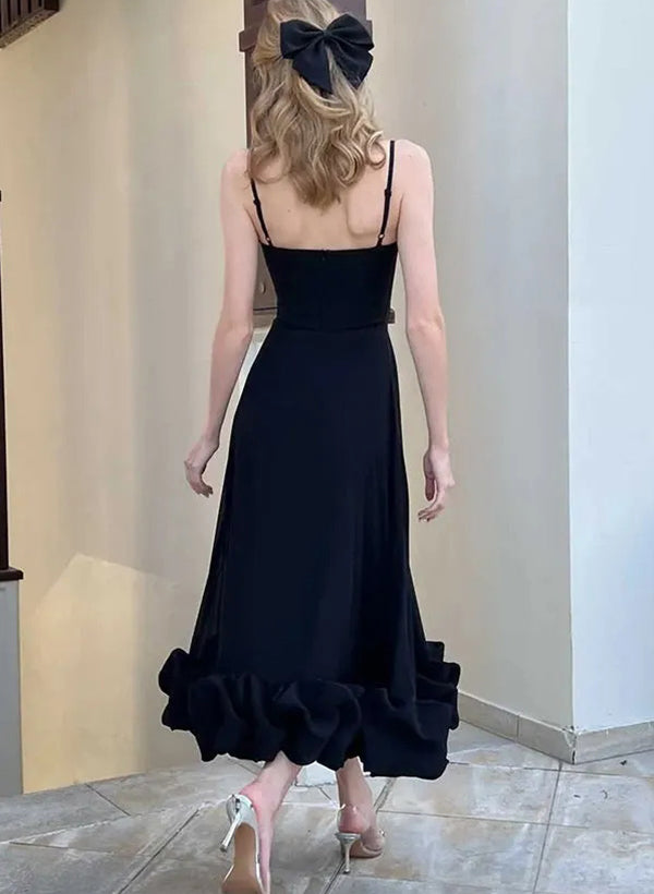 A-Line Square Neckline Sleeveless Tea-Length Elastic Satin Homecoming Dresses