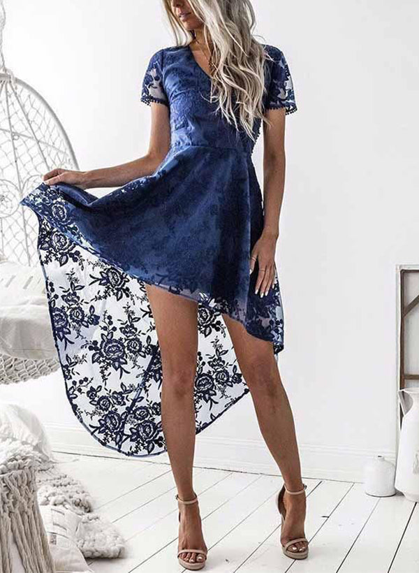 A-Line V-Neck Short Sleeves Asymmetrical Lace Homecoming Dresses