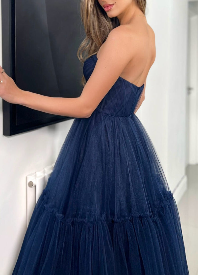 Strapless Tulle A-Line Tea-Length Blue Homecoming Dresses