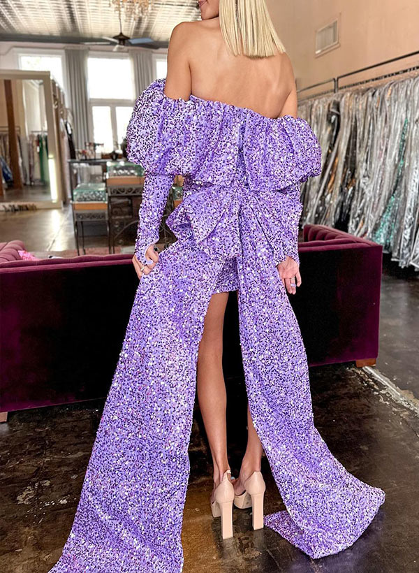 Off-The-Shoulder Short/Mini Sequined Homecoming Dresses With Bow(s)
