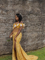 Elegant Yellow Off-The-Shoulder Short Sleeves Mermaid Prom Dresses Beads With High Split