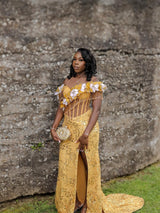 Elegant Yellow Off-The-Shoulder Short Sleeves Mermaid Prom Dresses Beads With High Split