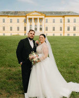 Illusion Neck Plus Size Chic A-line Lace Sweep Train Long Sleeves Wedding Dresses