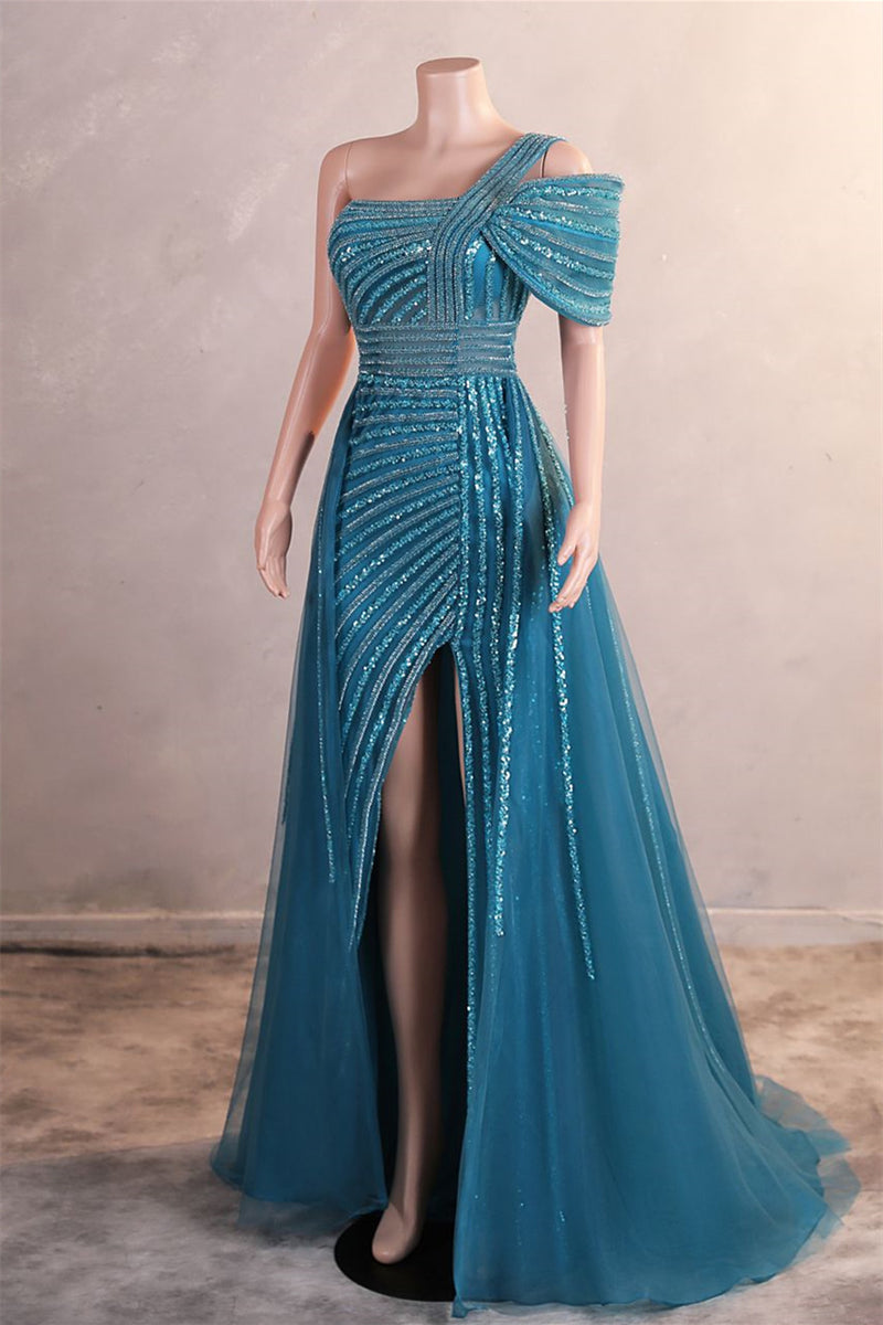 Gorgeous One shoulder Dusty Sage Prom Dress Slit Long With Sequins Beads