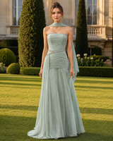 Charming Strapless Sleeveless Chiffon Prom Dresses Floor Length Gem Pleats With Lace-Up Back