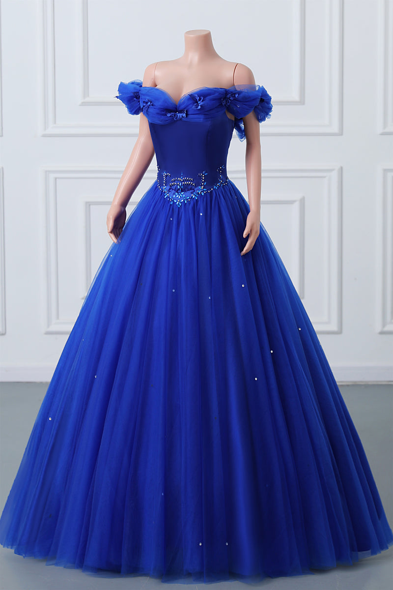 Royal Blue Off-the-shoulder Sweetheart Beaded Flowers Ball Gown Tulle Prom Dresses