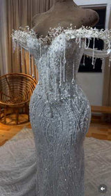 Elegant Sweetheart Off The Shoulder Mermaid Prom Dresses Column Beads With Lace-Up Back
