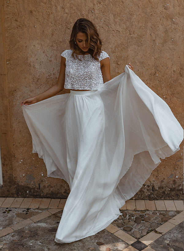 2 Piece Chic A-line Sequin Scoop Neck Wedding Dress-Ballbella