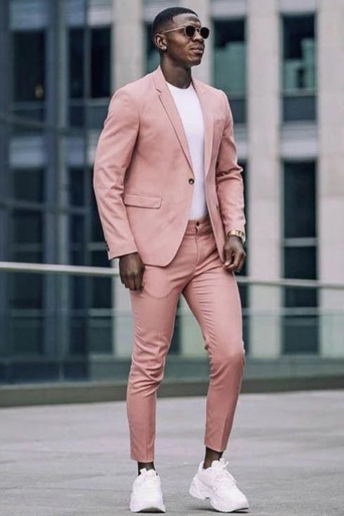 2 Piece Notched Lapel Pink Men's Suits for Casual with Flap Pockets-Ballbella