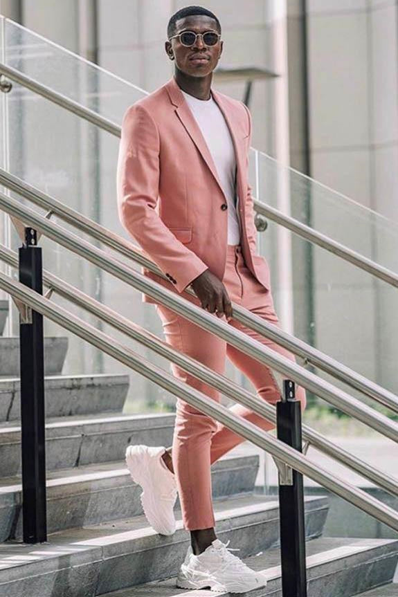 2 Piece Notched Lapel Pink Men's Suits for Casual with Flap Pockets-Ballbella