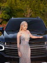 Sparkling V-Neck Strapless Sleeveless Mermaid Prom Dresses Column Long With Gem