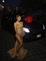 Romantic V-Neck Strapless Sleeveless Mermaid Prom Dresses Sheath Gem With High Split